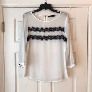 White Blouse with Black Lace Detail (The Limited)